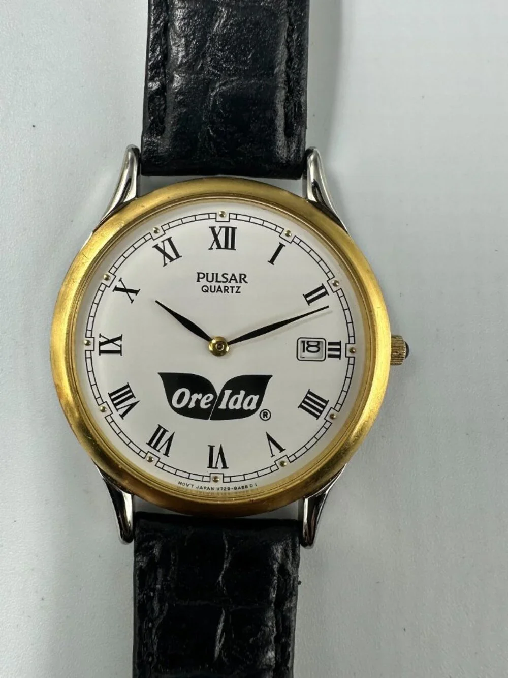 Vintage Pulsar Watch Men Gold Tone Ore Ida Logo Black Leather Band
